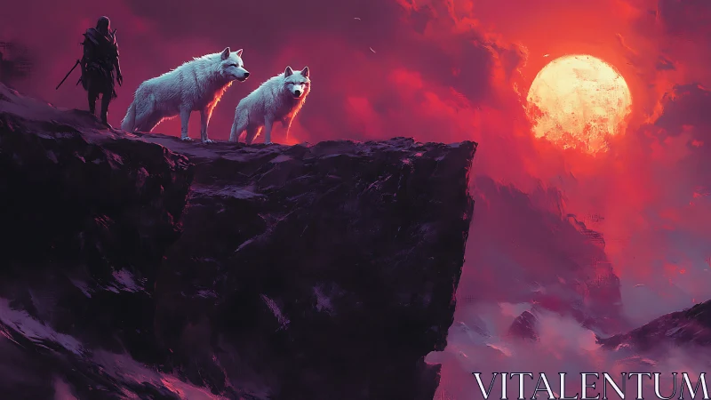 White wolves stand on cliff beside warrior under crimson moon