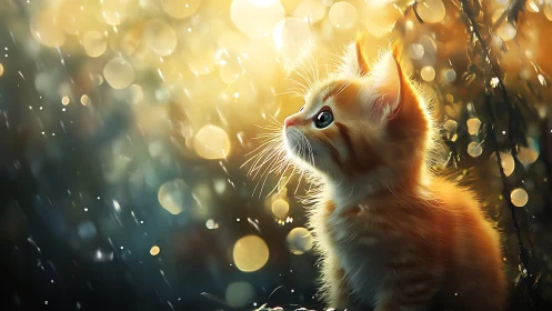 Orange cat gazing upward in bokeh environment.