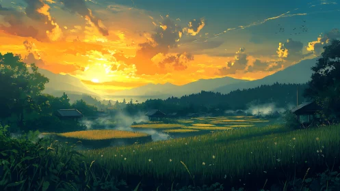 Sunset over rural rice fields with distant mountain range.