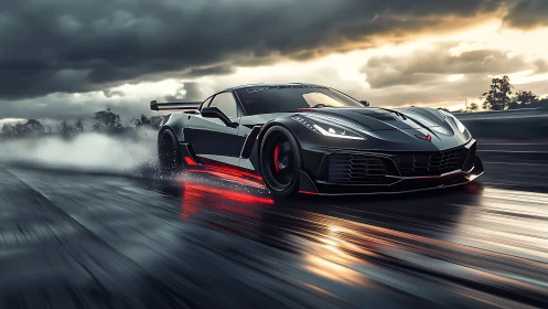Black sports coupe on wet roadway under stormy sky.