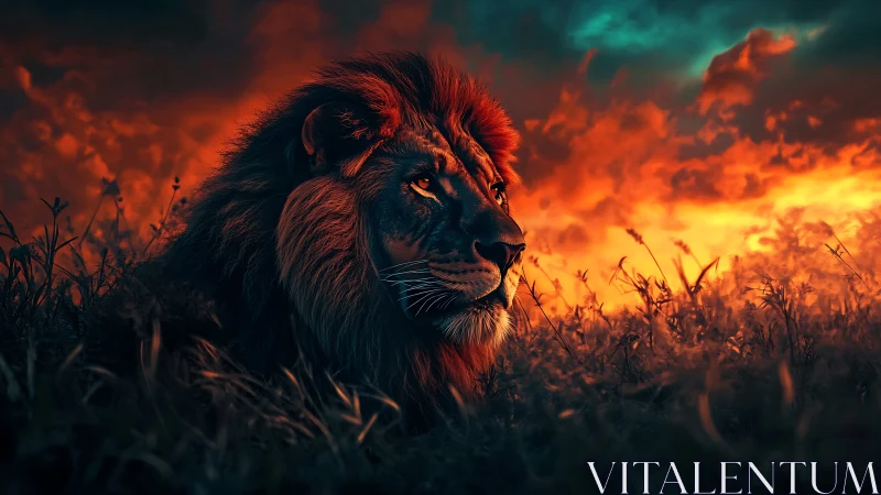 Stormlit monarch lion brooding beneath a burning horizon.