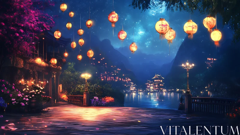 Lantern-lit riverside town glows under a starlit night sky