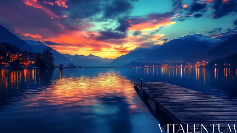 Pier of quiet dreams stretches into neon-soaked twilight lake