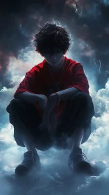 Stormlit boy rests in moody clouds with quiet, intense focus