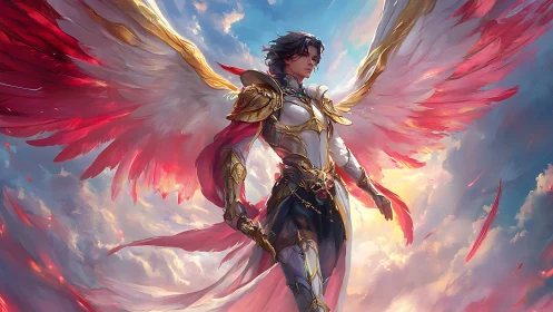Radiant winged warrior in ornate gold armor dominates sky