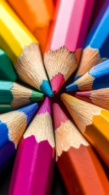Colored pencil tips form tight radial composition in macro view
