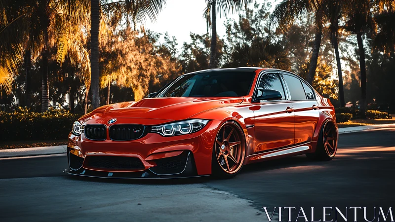 Lowered red BMW sedan sits under warm sunset palm trees