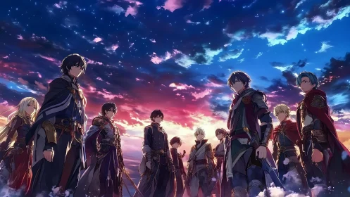 Epic anime heroes aligned beneath radiant twilight sky.