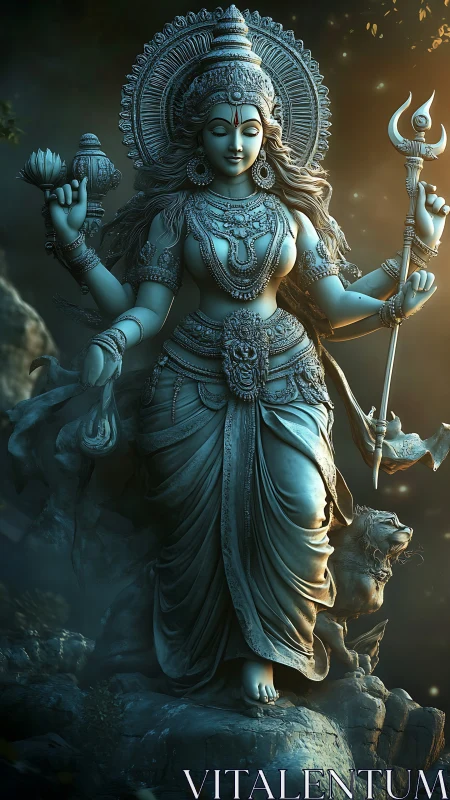 Divine warrior goddess statue rendered in cinematic 3D lighting
