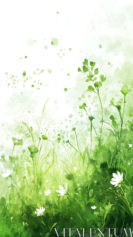 Watercolor botanical gradient showing delicate white flowers transitioning through layered green fol