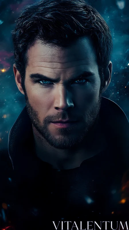 Cinematic blue-eyed antihero portrait in high-contrast lighting.