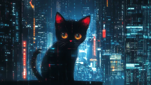 Black cat silhouette sits before dense neon cityscape