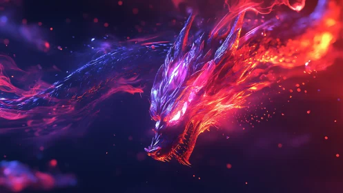 Volumetric neon dragon head rendered in high-energy particle flames