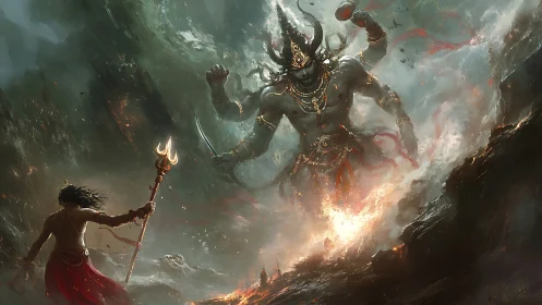 Colossal infernal deity confronting lone trident bearer.