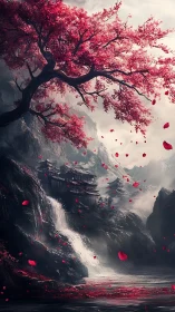 Crimson blossoms over misted falls and tiered temples.