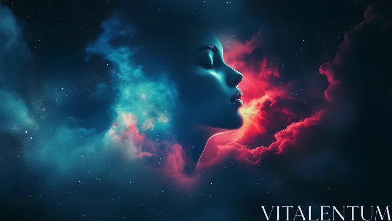 Cosmic female profile merges with glowing nebula clouds