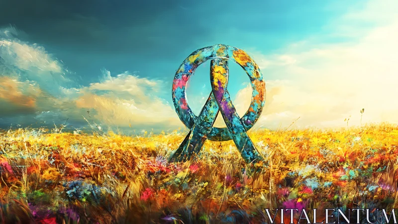 Weathered peace symbol structure in vivid open field.
