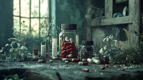 Old apothecary table quietly blends pills, glass jars, and wildflowers