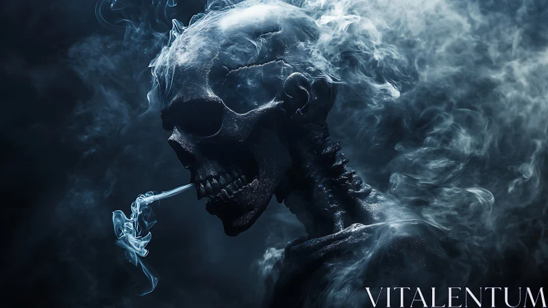 Volumetric lit skeletal profile engulfed in swirling cigarette smoke.