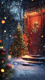 Snowfall illuminates a warmly lit, wreath-framed Christmas doorway