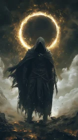 Hooded wraith beneath blazing celestial fire ring.