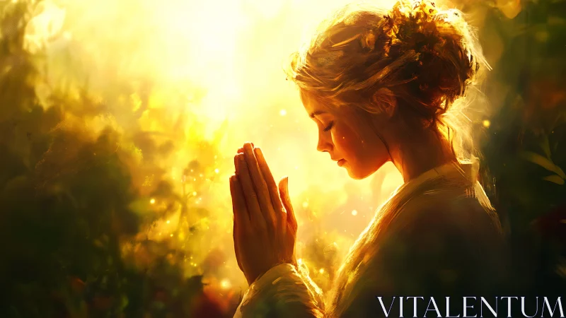 Sunlit woman in prayer amid golden atmospheric foliage.