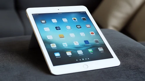 White iPad displaying app icons on textile surface.
