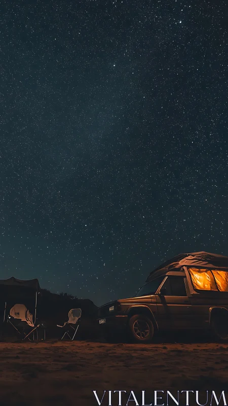 Starry desert sky crowns a warmly lit off-road camper.