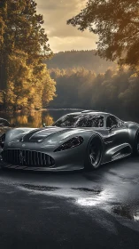 Low-slung silver hypercar on wet forest road at golden hour