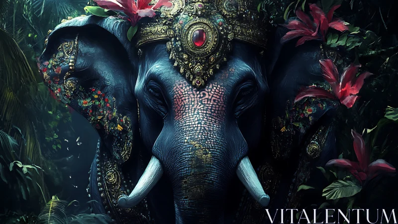 Regal jewel-encrusted jungle elephant under bioluminescent canopy.