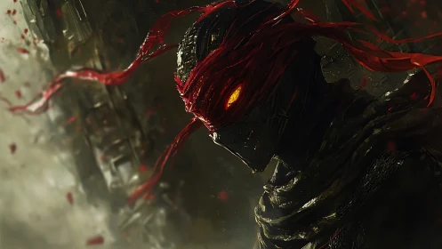 Draped war construct with blazing eye and crimson shards.