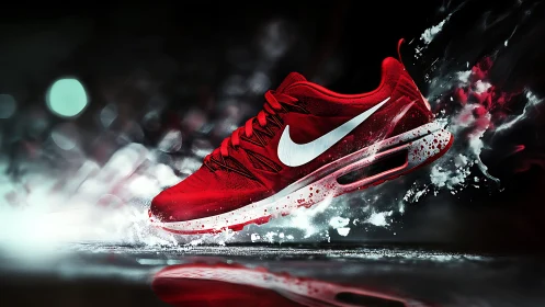 Red running shoe slices through dark space with kinetic spray