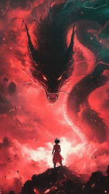 Fiery anime warrior confronts colossal celestial dragon.