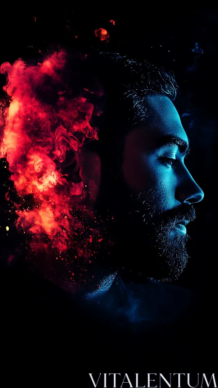 Neon-lit male profile contrasts with eruptive red particle cloud