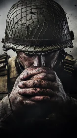 Soldier in combat gear with clasped hands in close portrait.