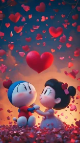 Two souls discover magic beneath cascading crimson hearts