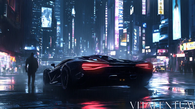 Rain-soaked neon avenue with rear-lit hypercar in cyberpunk city