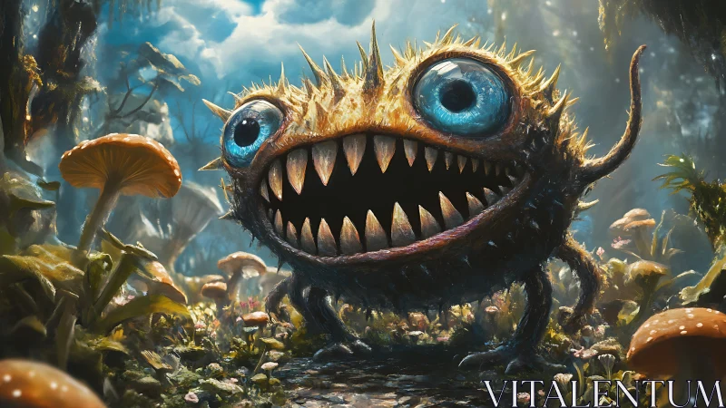 Spiky blue-eyed forest gobbler grinning through mushrooms.