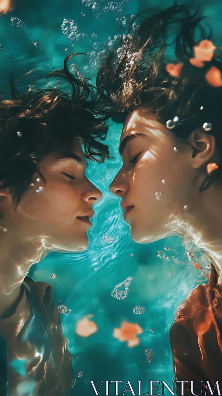 Two faces submerged in luminescent teal liquid medium