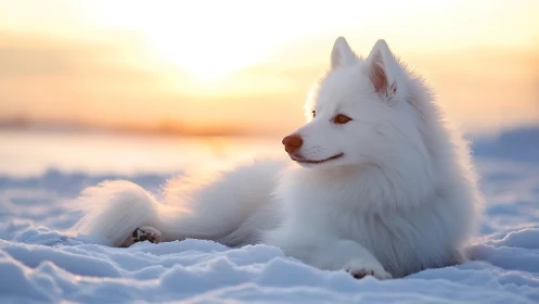 White spitz dog resting in soft winter sunset snowfield.