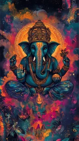 Vibrant digital deity with blue elephant figure and halo.