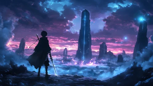 Lone swordsman facing glowing monoliths at twilight.