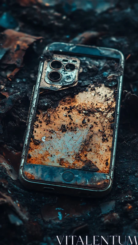 Discarded smartphone lying cracked and muddy on ground.