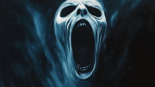 Ghostly screaming skull dissolves into swirling dark mist