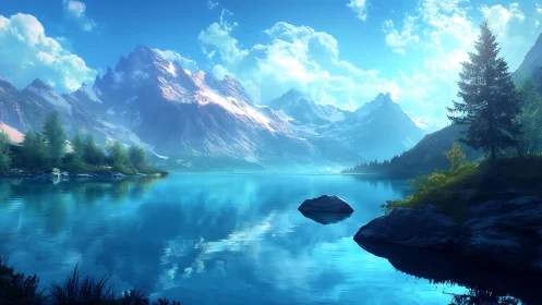 Crystal morning over calm turquoise mountain lake dreamscape.