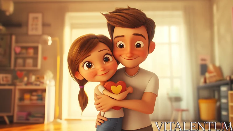 Stylized Couple in Warm Domestic Interior With Heart Symbol.