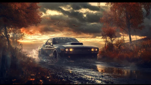 Muscle car moves along wet rural road at overcast sunset