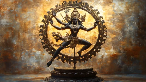 Bronze Nataraja sculpture with radiant backlit aureole dynamics.