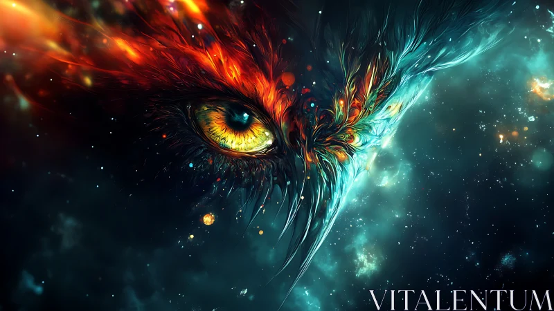 Cosmic firebird eye watching over a swirling starfield.