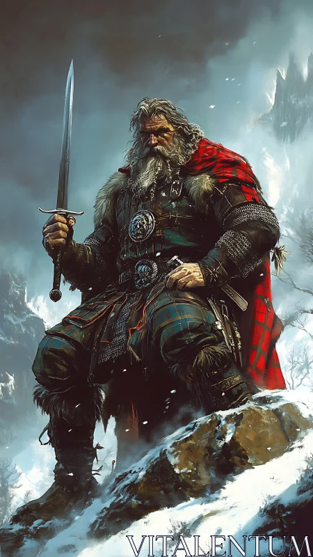 Weathered highland warrior standing strong in the snow.